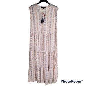America & Beyond White Sheer Floral Sleeveless Boho Beach Tie Neck Maxi CoverUp